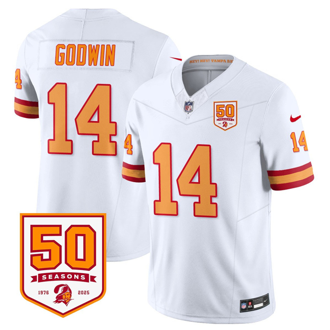 Men's Tampa Bay Buccaneers #14 Chris Godwin White 2025 F.U.S.E. 50th Anniversary Patch Vapor Limited Stitched Jersey Men's Tampa Bay Buccaneers #14 Chris Godwin White 2025 F.U.S.E. 50th Anniversary Patch Vapor Limited Stitched Jersey