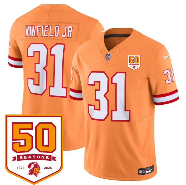 Men's Tampa Bay Buccaneers #31 Antoine Winfield Jr. Orange 2025 F.U.S.E. 50th Anniversary Patch Vapor Limited Stitched Jersey、 Men's Tampa Bay Buccaneers #31 Antoine Winfield Jr. Orange 2025 F.U.S.E. 50th Anniversary Patch Vapor Limited Stitched Jersey、