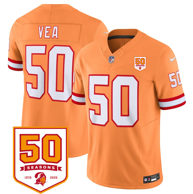 Men's Tampa Bay Buccaneers #50 Vita Vea Orange 2025 F.U.S.E. 50th Anniversary Patch Vapor Limited Stitched Jersey Men's Tampa Bay Buccaneers #50 Vita Vea Orange 2025 F.U.S.E. 50th Anniversary Patch Vapor Limited Stitched Jersey