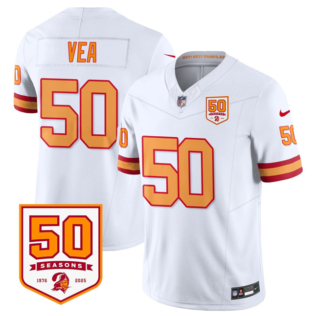 Men's Tampa Bay Buccaneers #50 Vita Vea White 2025 F.U.S.E. 50th Anniversary Patch Vapor Limited Stitched Jersey Men's Tampa Bay Buccaneers #50 Vita Vea White 2025 F.U.S.E. 50th Anniversary Patch Vapor Limited Stitched Jersey