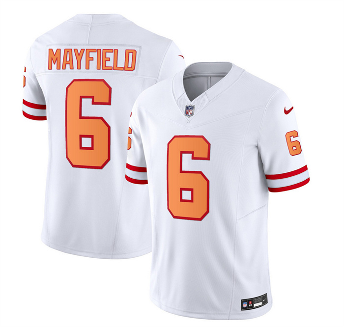 Men's Tampa Bay Buccaneers #6 Baker Mayfield 2023 F.U.S.E. White Throwback Limited Stitched Jersey Men's Tampa Bay Buccaneers #6 Baker Mayfield 2023 F.U.S.E. White Throwback Limited Stitched Jersey