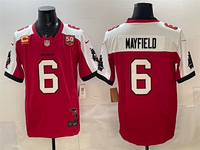 Men's Tampa Bay Buccaneers #6 Baker Mayfield Red Alternate F.U.S.E. 50th Season & 4-Star C Patch Vapor Limited Stitched Football Jersey Men's Tampa Bay Buccaneers #6 Baker Mayfield Red Alternate F.U.S.E. 50th Season & 4-Star C Patch Vapor Limited Stitched Football Jersey