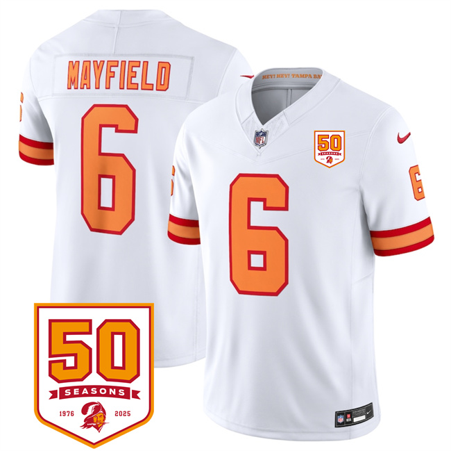 Men's Tampa Bay Buccaneers #6 Baker Mayfield White 2025 F.U.S.E. 50th Anniversary Patch Vapor Limited Stitched Jersey Men's Tampa Bay Buccaneers #6 Baker Mayfield White 2025 F.U.S.E. 50th Anniversary Patch Vapor Limited Stitched Jersey