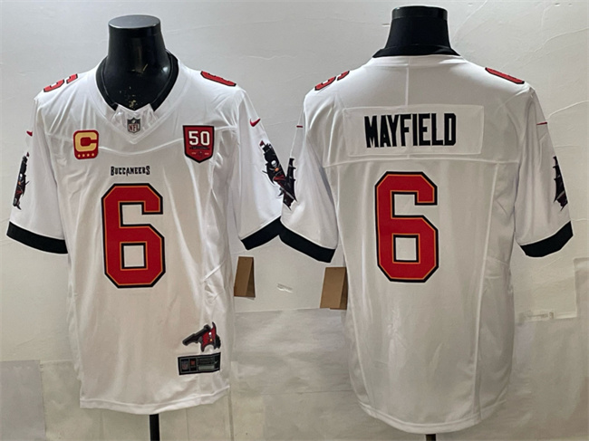 Men's Tampa Bay Buccaneers #6 Baker Mayfield White F.U.S.E. 50th Season & 4-Star C Patch Vapor Limited Stitched Football Jersey Men's Tampa Bay Buccaneers #6 Baker Mayfield White F.U.S.E. 50th Season & 4-Star C Patch Vapor Limited Stitched Football Jersey