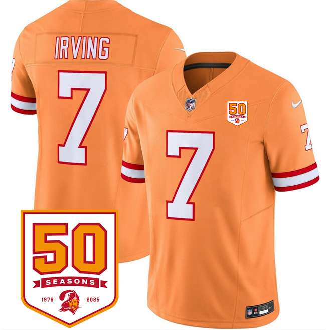 Men's Tampa Bay Buccaneers #7 Bucky Irving Orange 2025 F.U.S.E. 50th Anniversary Patch Vapor Limited Stitched Jersey Men's Tampa Bay Buccaneers #7 Bucky Irving Orange 2025 F.U.S.E. 50th Anniversary Patch Vapor Limited Stitched Jersey