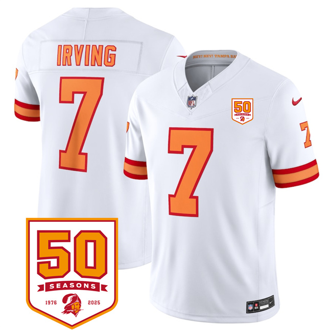 Men's Tampa Bay Buccaneers #7 Bucky Irving White 2025 F.U.S.E. 50th Anniversary Patch Vapor Limited Stitched Jersey Men's Tampa Bay Buccaneers #7 Bucky Irving White 2025 F.U.S.E. 50th Anniversary Patch Vapor Limited Stitched Jersey
