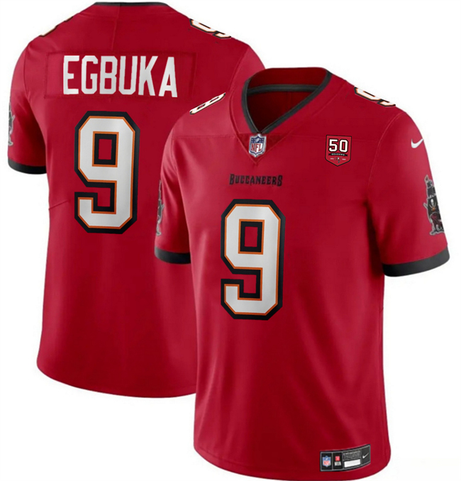 Men's Tampa Bay Buccaneers #9 Emeka Egbuka Red 2025 Draft 50th Anniversary Patch Vapor Untouchable Limited Stitched Football Jersey