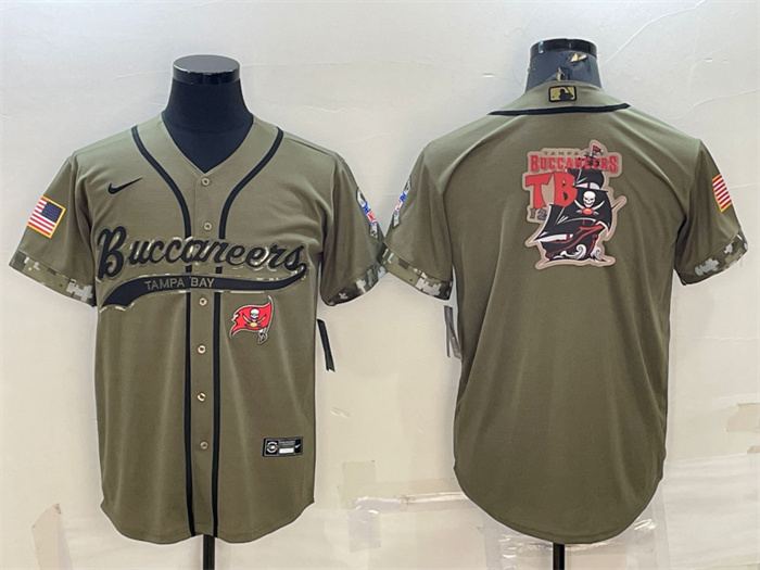 Men's Tampa Bay Buccaneers Olive 2022 Salute To Service Team Big Logo Cool Base Stitched Baseball Jersey 001 Men's Tampa Bay Buccaneers Olive 2022 Salute To Service Team Big Logo Cool Base Stitched Baseball Jersey 001