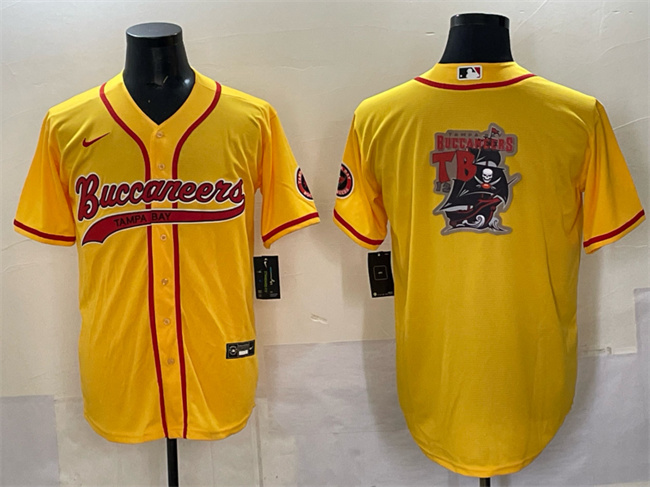 Men's Tampa Bay Buccaneers Team Big Logo Gold Cool Base Stitched Baseball Jersey Men's Tampa Bay Buccaneers Team Big Logo Gold Cool Base Stitched Baseball Jersey