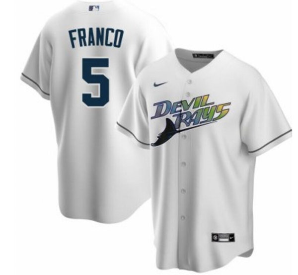 Men's Tampa Bay Devil Rays #5 Wander Franco White Cool Base Stitched Jersey Men's Tampa Bay Devil Rays #5 Wander Franco White Cool Base Stitched Jersey