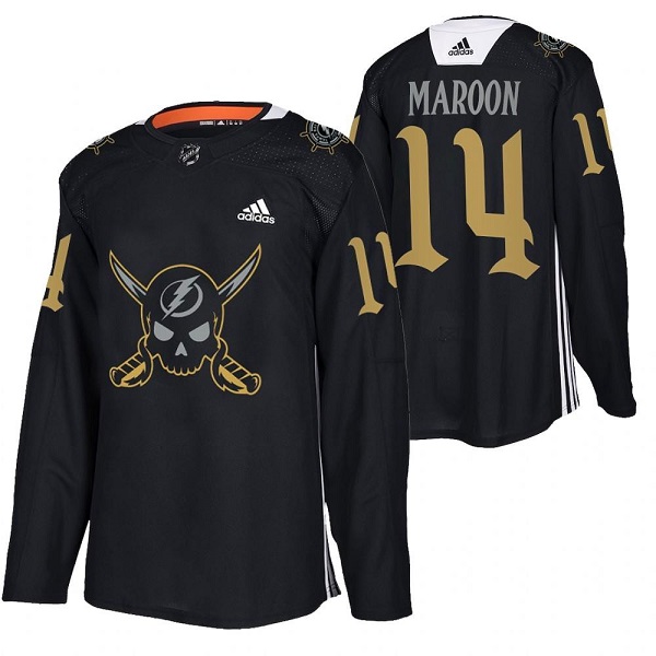Men's Tampa Bay Lightning #14 Pat Maroon Black Gasparilla Inspired Pirate-Themed Warmup Stitched Jersy Men's Tampa Bay Lightning #14 Pat Maroon Black Gasparilla Inspired Pirate-Themed Warmup Stitched Jersy
