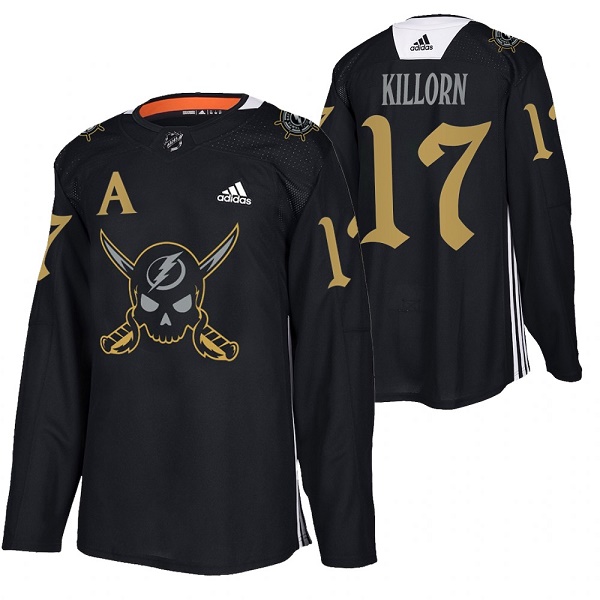 Men's Tampa Bay Lightning #17 Alex Killorn Black Gasparilla Inspired Pirate-Themed Warmup Stitched Jersy Men's Tampa Bay Lightning #17 Alex Killorn Black Gasparilla Inspired Pirate-Themed Warmup Stitched Jersy