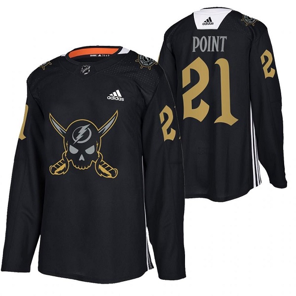 Men's Tampa Bay Lightning #21 Brayden Point Black Gasparilla Inspired Pirate-Themed Warmup Stitched Jersy Men's Tampa Bay Lightning #21 Brayden Point Black Gasparilla Inspired Pirate-Themed Warmup Stitched Jersy