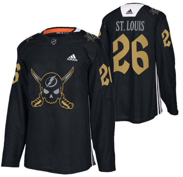 Men's Tampa Bay Lightning #26 Martin St. Louis Black Gasparilla Inspired Pirate-Themed Warmup Stitched Jersy Men's Tampa Bay Lightning #26 Martin St. Louis Black Gasparilla Inspired Pirate-Themed Warmup Stitched Jersy
