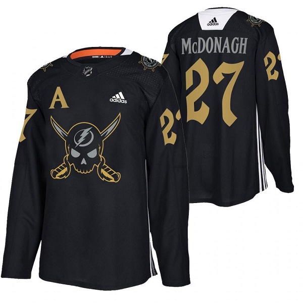 Men's Tampa Bay Lightning #27 Ryan McDonagh Black Gasparilla Inspired Pirate-Themed Warmup Stitched Jersy Men's Tampa Bay Lightning #27 Ryan McDonagh Black Gasparilla Inspired Pirate-Themed Warmup Stitched Jersy