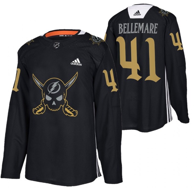 Men's Tampa Bay Lightning #41 Pierre-Edouard Bellemare Black Gasparilla Inspired Pirate-Themed Warmup Stitched Jersy Men's Tampa Bay Lightning #41 Pierre-Edouard Bellemare Black Gasparilla Inspired Pirate-Themed Warmup Stitched Jersy