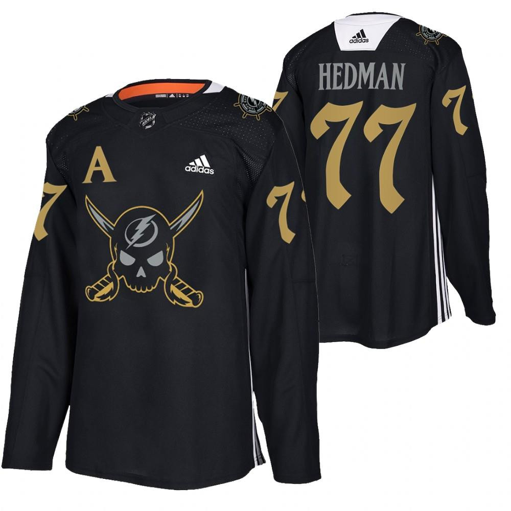Men's Tampa Bay Lightning #77 Victor Hedman Black Gasparilla Inspired Pirate-Themed Warmup Stitched Jersy Men's Tampa Bay Lightning #77 Victor Hedman Black Gasparilla Inspired Pirate-Themed Warmup Stitched Jersy