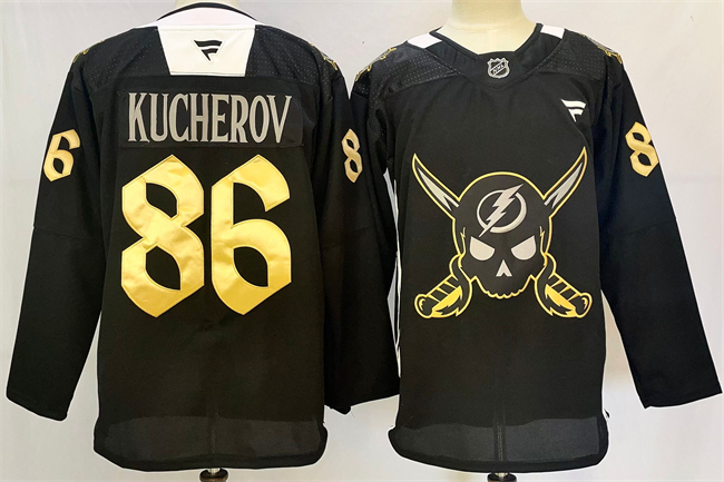 Men's Tampa Bay Lightning #86 Nikita Kucherov 2024-25 Black Gasparilla Inspired Pirate-Themed Warmup Stitched Jersey Men's Tampa Bay Lightning #86 Nikita Kucherov 2024-25 Black Gasparilla Inspired Pirate-Themed Warmup Stitched Jersey