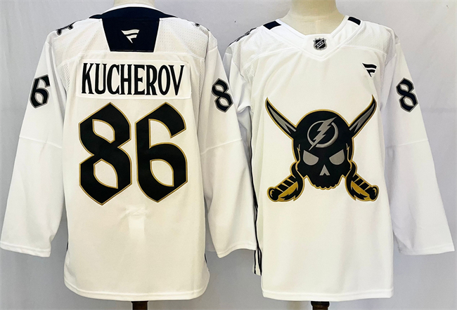 Men's Tampa Bay Lightning #86 Nikita Kucherov 2024-25 White Gasparilla Inspired Pirate-Themed Warmup Stitched Jersey Men's Tampa Bay Lightning #86 Nikita Kucherov 2024-25 White Gasparilla Inspired Pirate-Themed Warmup Stitched Jersey