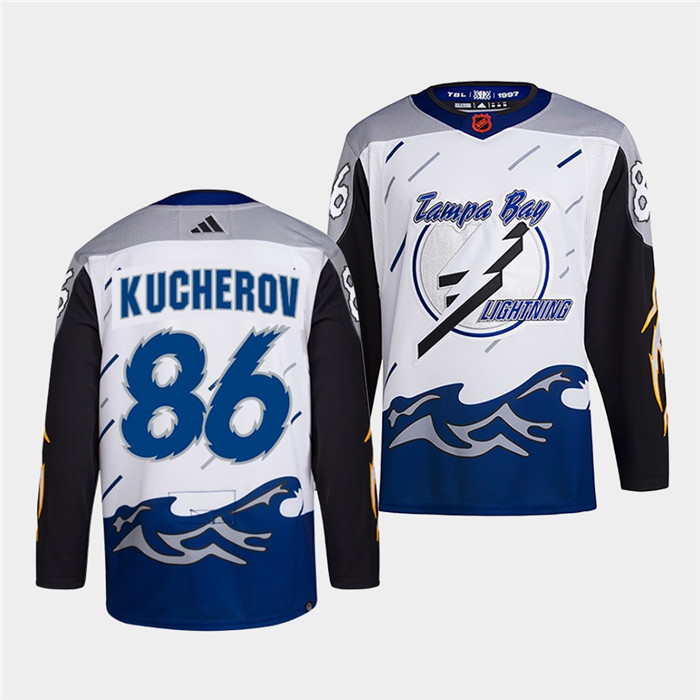 Men's Tampa Bay Lightning #86 Nikita Kucherov White 2022 Reverse Retro Stitched Jersey Men's Tampa Bay Lightning #86 Nikita Kucherov White 2022 Reverse Retro Stitched Jersey
