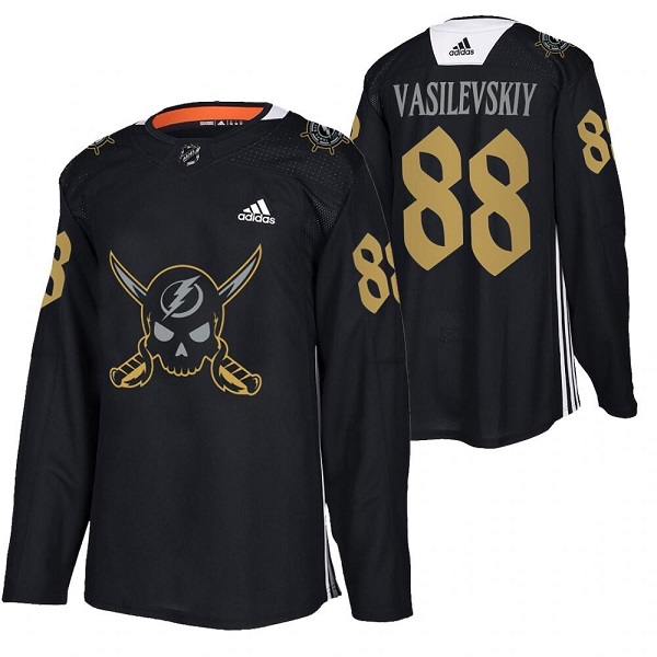 Men's Tampa Bay Lightning #88 Andrei Vasilevskiy Black Gasparilla Inspired Pirate-Themed Warmup Stitched Jersy Men's Tampa Bay Lightning #88 Andrei Vasilevskiy Black Gasparilla Inspired Pirate-Themed Warmup Stitched Jersy