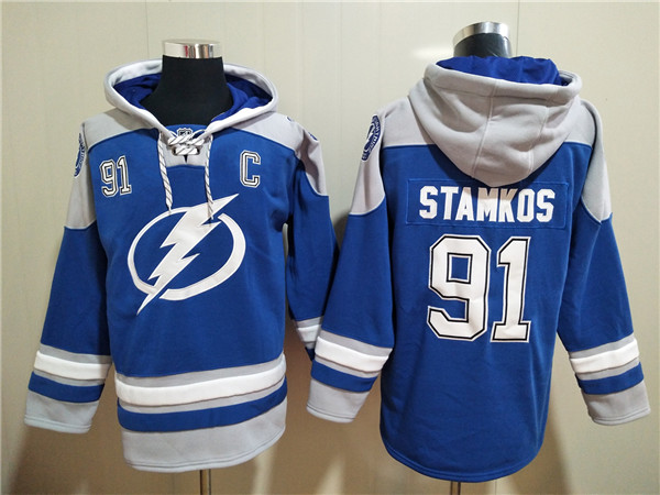 Men's Tampa Bay Lightning #91 Steven Stamkos Blue Ageless Must-Have Lace-Up Pullover Hoodie Men's Tampa Bay Lightning #91 Steven Stamkos Blue Ageless Must-Have Lace-Up Pullover Hoodie