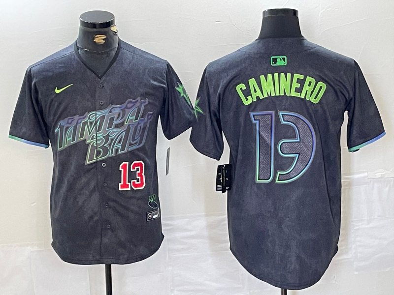 Men's Tampa Bay Rays #13 Junior Caminero Charcoal 2024 City Connect Limited Stitched jerseys Men's Tampa Bay Rays #13 Junior Caminero Charcoal 2024 City Connect Limited Stitched jerseys