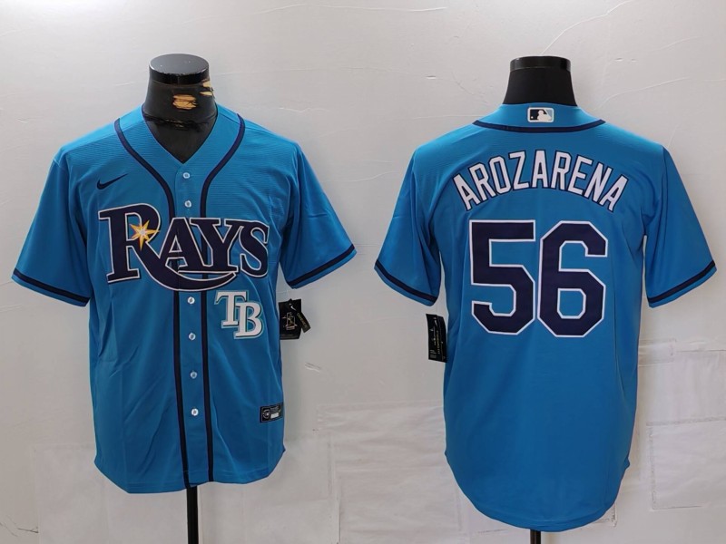 Men's Tampa Bay Rays #56 Randy Arozarena Blue Cool Base Stitched Baseball Jersey 1 Men's Tampa Bay Rays #56 Randy Arozarena Blue Cool Base Stitched Baseball Jersey 1