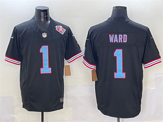 Men's Tennessee Titans #1 Cameron Ward Black 2025 Draft F.U.S.E. 1997 Throwback Patch Vapor Limited Stitched Football Jersey Men's Tennessee Titans #1 Cameron Ward Black 2025 Draft F.U.S.E. 1997 Throwback Patch Vapor Limited Stitched Football Jersey