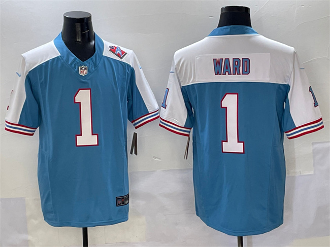Men's Tennessee Titans #1 Cameron Ward Blue White 2025 Draft F.U.S.E. 1997 Throwback Patch Vapor Limited Stitched Football Jersey Men's Tennessee Titans #1 Cameron Ward Blue White 2025 Draft F.U.S.E. 1997 Throwback Patch Vapor Limited Stitched Football Jersey