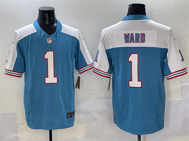 Men's Tennessee Titans #1 Cameron Ward Blue White 2025 Draft F.U.S.E. Vapor Limited Stitched Football Jersey Men's Tennessee Titans #1 Cameron Ward Blue White 2025 Draft F.U.S.E. Vapor Limited Stitched Football Jersey