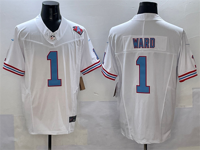 Men's Tennessee Titans #1 Cameron Ward White 2025 Draft F.U.S.E. 1997 Throwback Patch Vapor Limited Stitched Football Jersey Men's Tennessee Titans #1 Cameron Ward White 2025 Draft F.U.S.E. 1997 Throwback Patch Vapor Limited Stitched Football Jersey