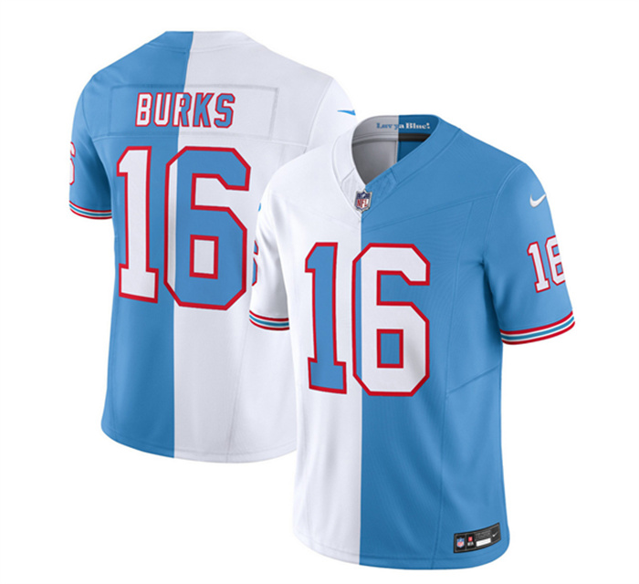 Men's Tennessee Titans #16 Treylon Burks White Blue 2023 F.U.S.E. Split Vapor Limited Throwback Stitched Football Jersey Men's Tennessee Titans #16 Treylon Burks White Blue 2023 F.U.S.E. Split Vapor Limited Throwback Stitched Football Jersey
