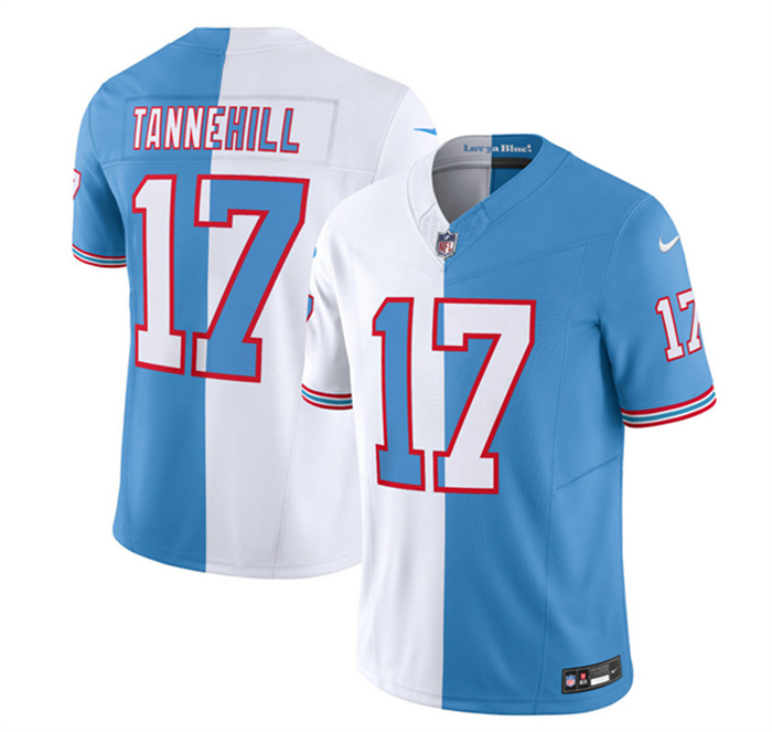 Men's Tennessee Titans #17 Ryan Tannehill White Blue 2023 F.U.S.E. Split Vapor Limited Throwback Stitched Football Jersey Men's Tennessee Titans #17 Ryan Tannehill White Blue 2023 F.U.S.E. Split Vapor Limited Throwback Stitched Football Jersey