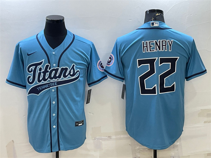 Men's Tennessee Titans #22 Derrick Henry Blue With Patch Cool Base Stitched Baseball Jersey Men's Tennessee Titans #22 Derrick Henry Blue With Patch Cool Base Stitched Baseball Jersey