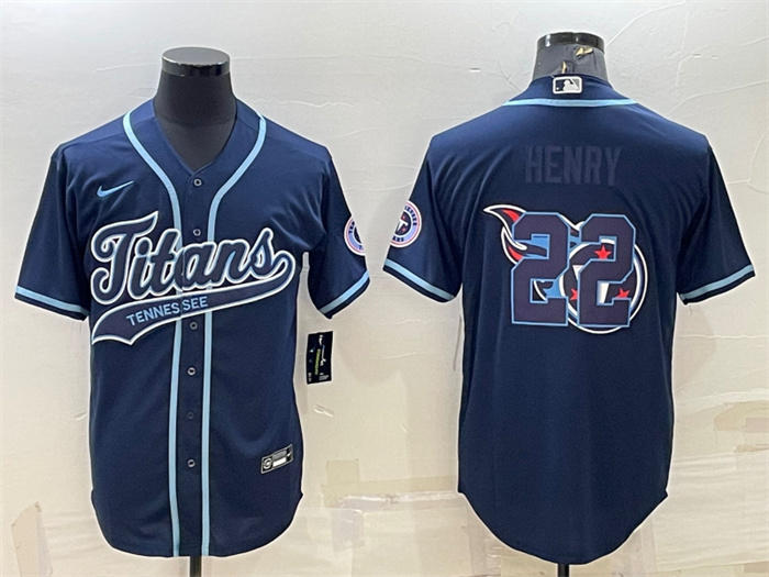 Men's Tennessee Titans #22 Derrick Henry Navy Team Big Logo With Patch Cool Base Stitched Baseball Jersey Men's Tennessee Titans #22 Derrick Henry Navy Team Big Logo With Patch Cool Base Stitched Baseball Jersey
