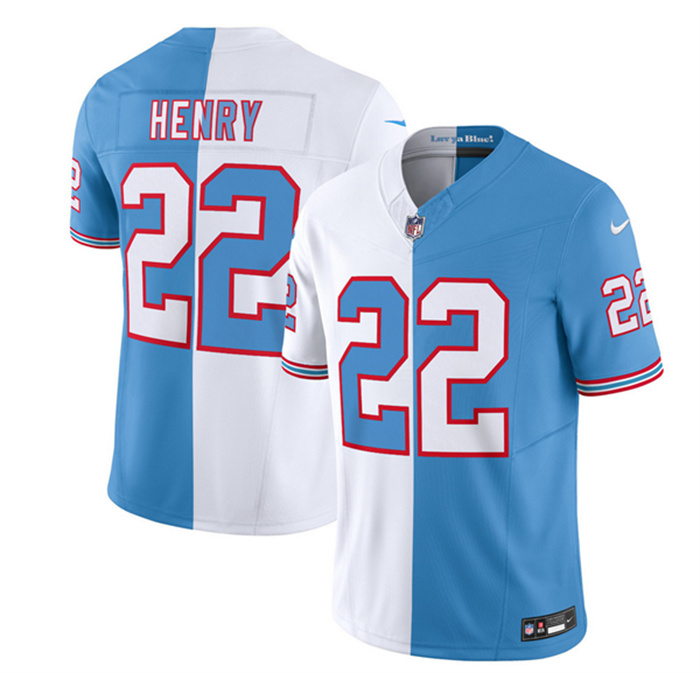 Men's Tennessee Titans #22 Derrick Henry White Blue 2023 F.U.S.E. Split Vapor Limited Throwback Stitched Football Jersey Men's Tennessee Titans #22 Derrick Henry White Blue 2023 F.U.S.E. Split Vapor Limited Throwback Stitched Football Jersey