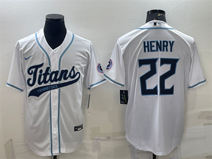 Men's Tennessee Titans #22 Derrick Henry White With Patch Cool Base Stitched Baseball Jersey Men's Tennessee Titans #22 Derrick Henry White With Patch Cool Base Stitched Baseball Jersey