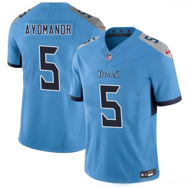 Men's Tennessee Titans #5 Elic Ayomanor Blue 2025 Draft F.U.S.E. Vapor Limited Stitched Football Jersey Men's Tennessee Titans #5 Elic Ayomanor Blue 2025 Draft F.U.S.E. Vapor Limited Stitched Football Jersey