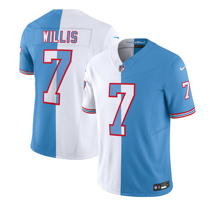 Men's Tennessee Titans #7 Malik Willis White Blue 2023 F.U.S.E. Split Vapor Limited Throwback Stitched Football Jersey Men's Tennessee Titans #7 Malik Willis White Blue 2023 F.U.S.E. Split Vapor Limited Throwback Stitched Football Jersey