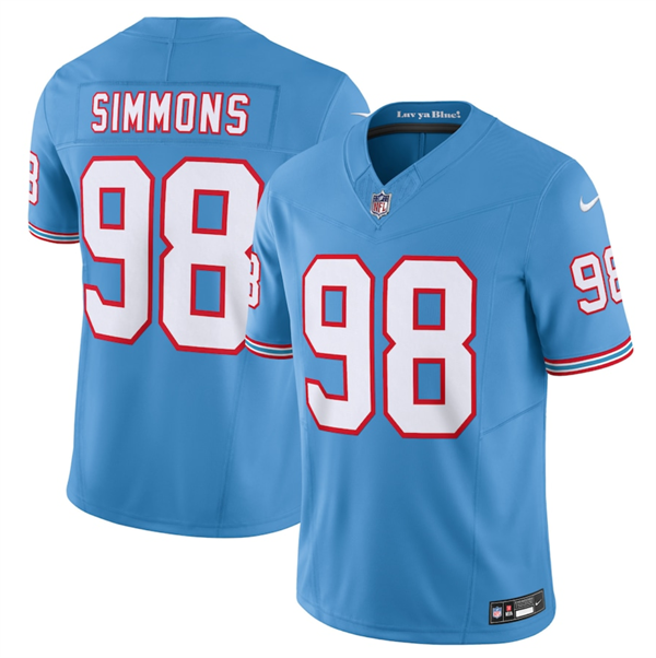 Men's Tennessee Titans #98 Jeffery Simmons Light Blue 2023 F.U.S.E. Vapor Limited Throwback Stitched Football Jersey Men's Tennessee Titans #98 Jeffery Simmons Light Blue 2023 F.U.S.E. Vapor Limited Throwback Stitched Football Jersey