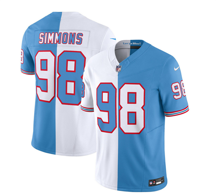 Men's Tennessee Titans #98 Jeffery Simmons White Blue 2023 F.U.S.E. Split Vapor Limited Throwback Stitched Football Jersey Men's Tennessee Titans #98 Jeffery Simmons White Blue 2023 F.U.S.E. Split Vapor Limited Throwback Stitched Football Jersey