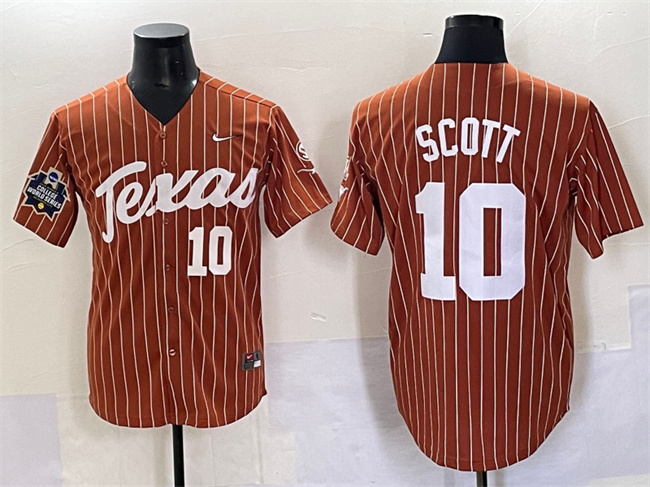 Men's Texas Longhorns #10 Mia Scott Orange Pinstripe 2025 World Series & SEC Patch Stitched Jersey