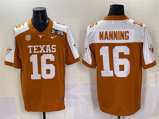 Men's Texas Longhorns #16 Peyton Manning Orange F.U.S.E. 2025 CFP Final With SEC Patch Stitched Jersey