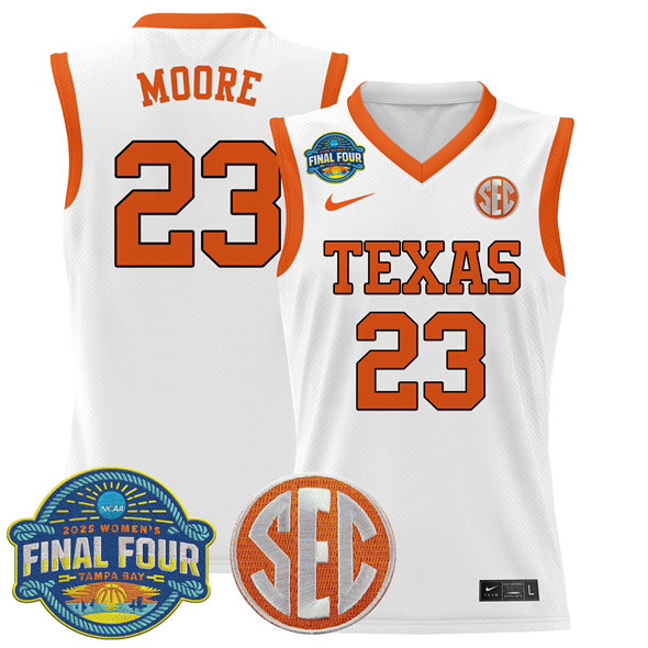 Men's Texas Longhorns #23 Aaliyah Moore White 2025 Sec Women’s Final Four Patch Stitched Basketball Jersey