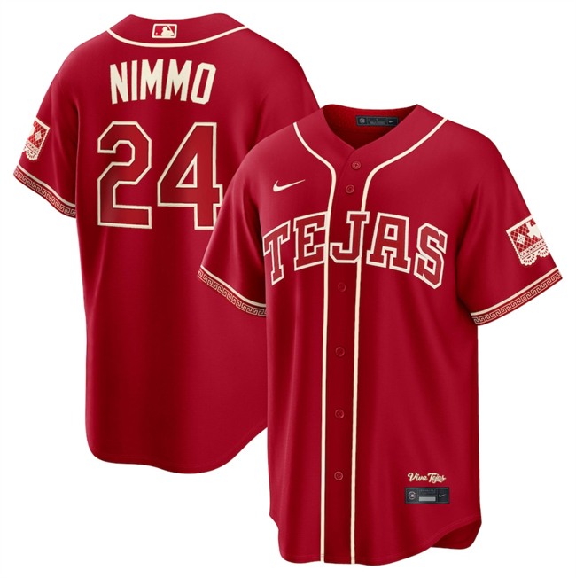 Men's Texas Rangers #24 Brandon Nimmo Red 2026 City Connect Stadium Stitched Baseball Jersey Men's Texas Rangers #24 Brandon Nimmo Red 2026 City Connect Stadium Stitched Baseball Jersey