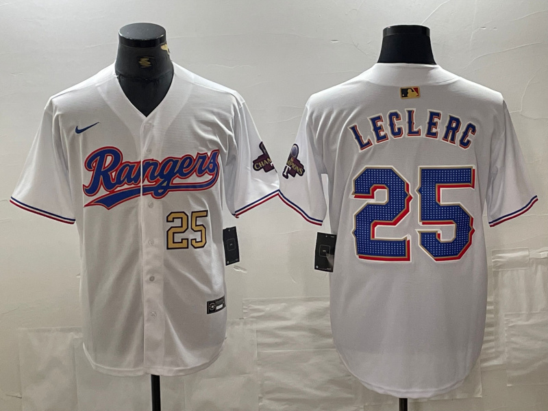 Men's Texas Rangers #25 Jose Leclerc White Gold Cool Base Stitched Baseball Jersey 3 Men's Texas Rangers #25 Jose Leclerc White Gold Cool Base Stitched Baseball Jersey 3