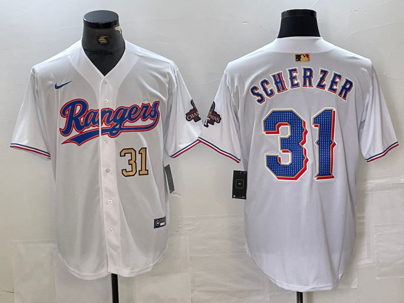 Men's Texas Rangers #31 Max Scherzer White Gold Cool Base Stitched Baseball Jersey 3 Men's Texas Rangers #31 Max Scherzer White Gold Cool Base Stitched Baseball Jersey 3