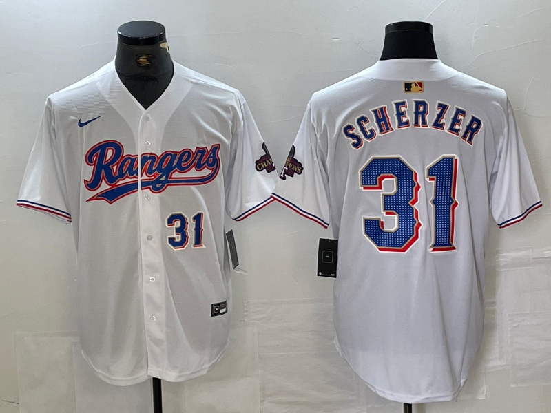 Men's Texas Rangers #31 Max Scherzer White Gold Cool Base Stitched Baseball Jersey 4 Men's Texas Rangers #31 Max Scherzer White Gold Cool Base Stitched Baseball Jersey 4