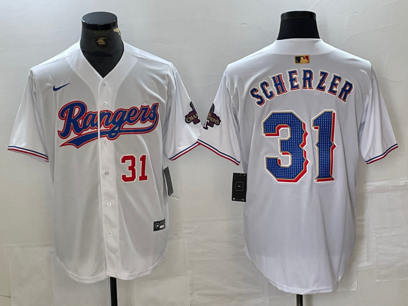 Men's Texas Rangers #31 Max Scherzer White Gold Cool Base Stitched Baseball Jersey 6 Men's Texas Rangers #31 Max Scherzer White Gold Cool Base Stitched Baseball Jersey 6